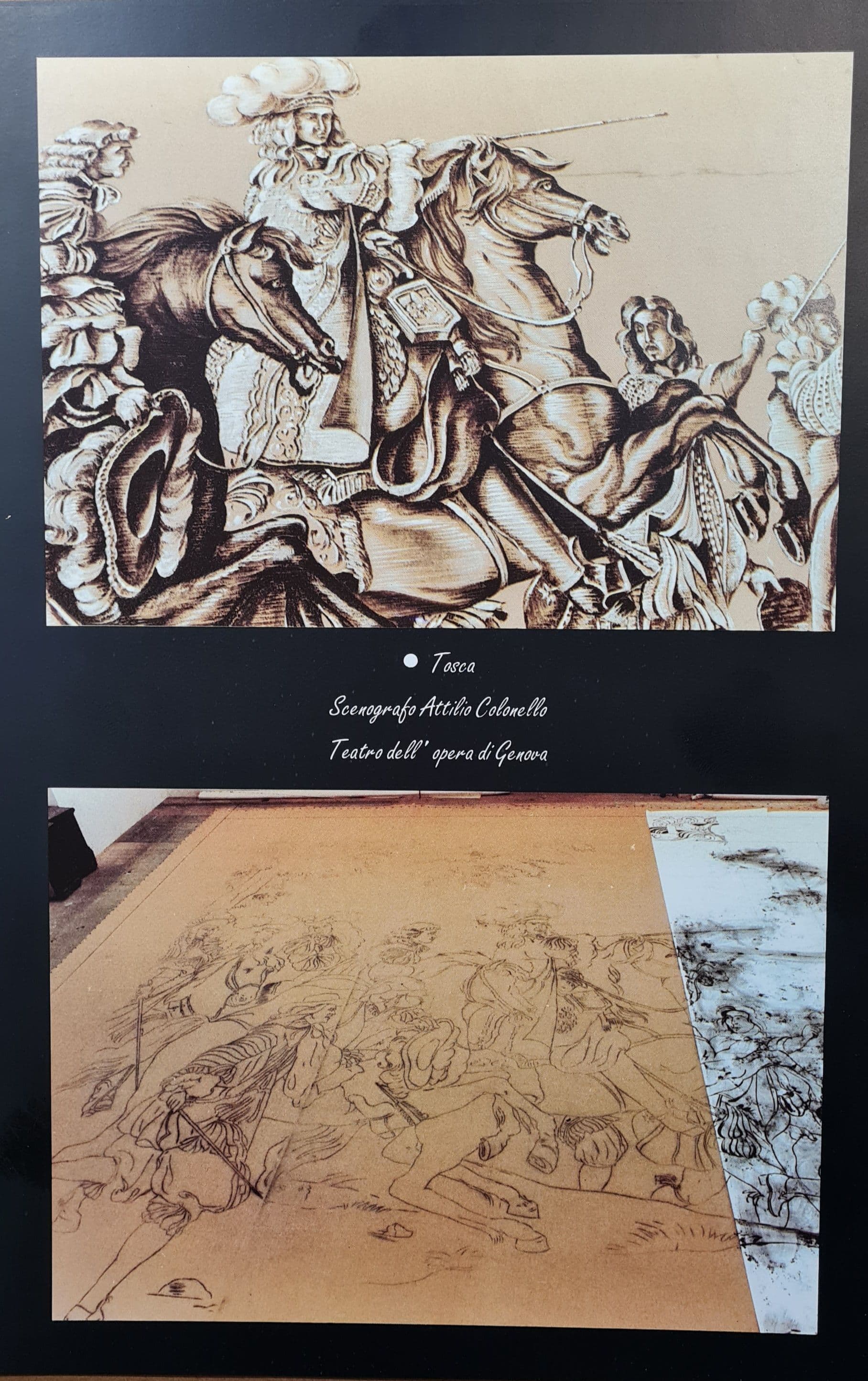Pittura per Tosca al Teatro di Genova: cavalli d'epoca dipinti e grande tela stesa a terra durante il disegno e la quadrettatura.