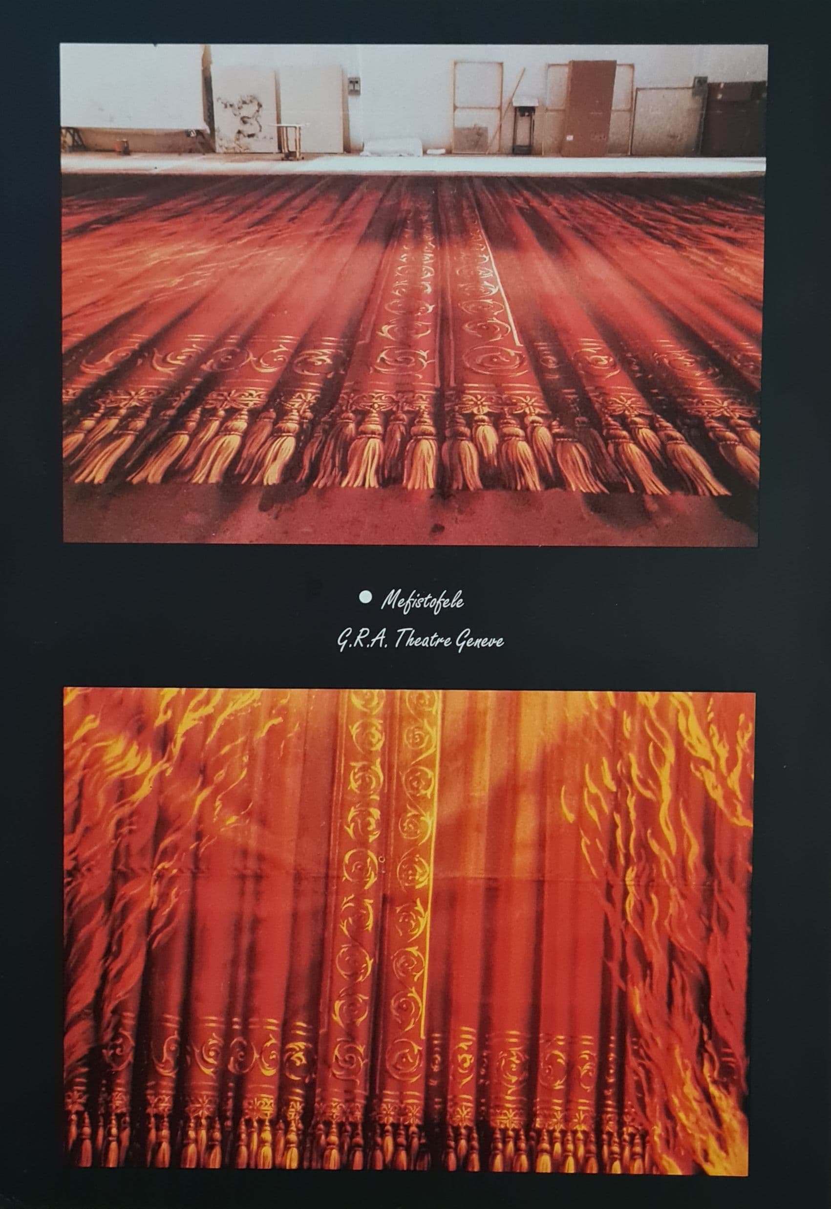 Fondale a terra per l'opera Mefistofele a Ginevra: imponente drappeggio rosso dipinto con frange dorate, motivi ornamentali e fiamme.