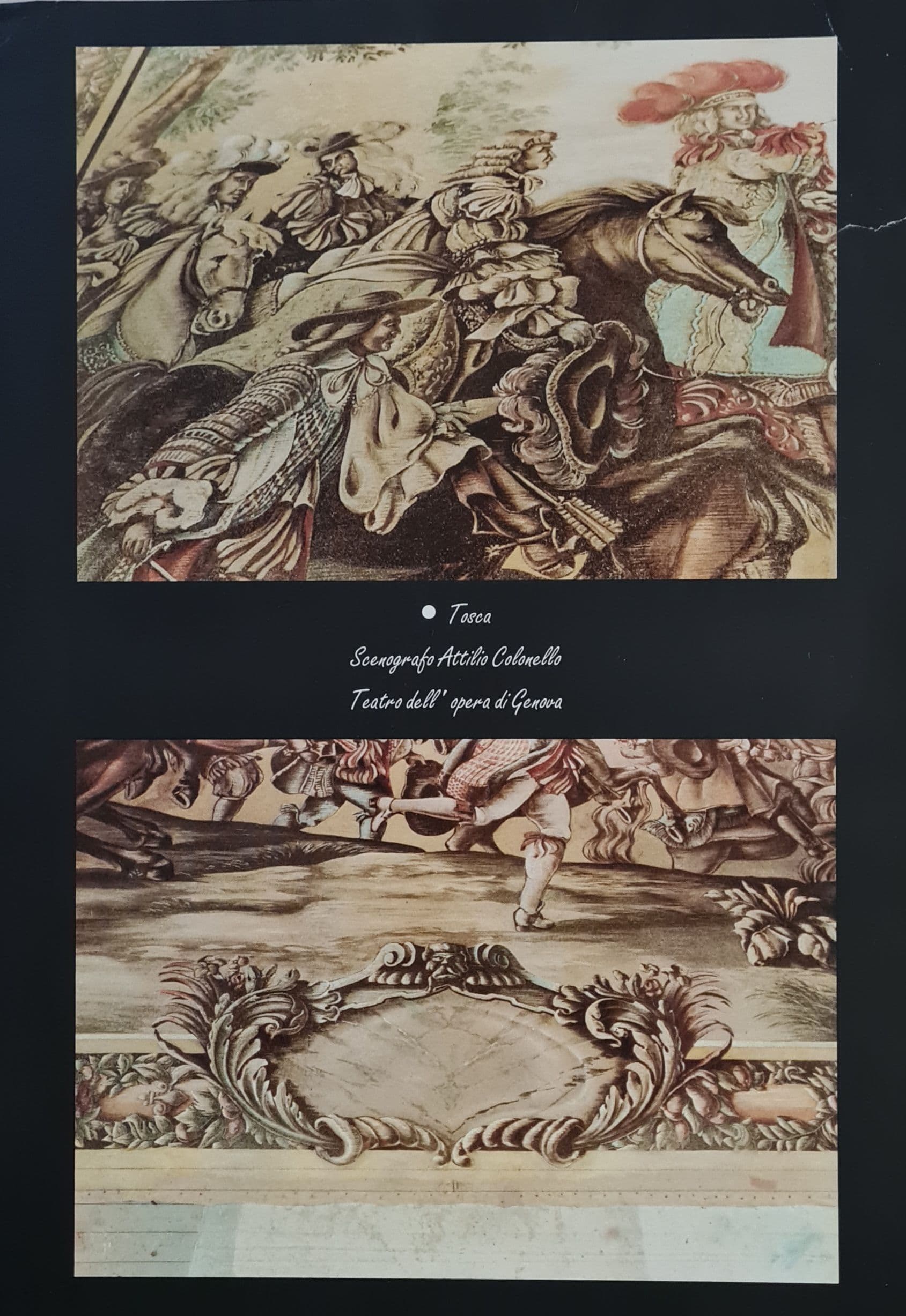 Dettaglio di tela per Tosca a Genova: arazzo con cortigiani a cavallo e fregio decorativo scolpito con personaggio in movimento.