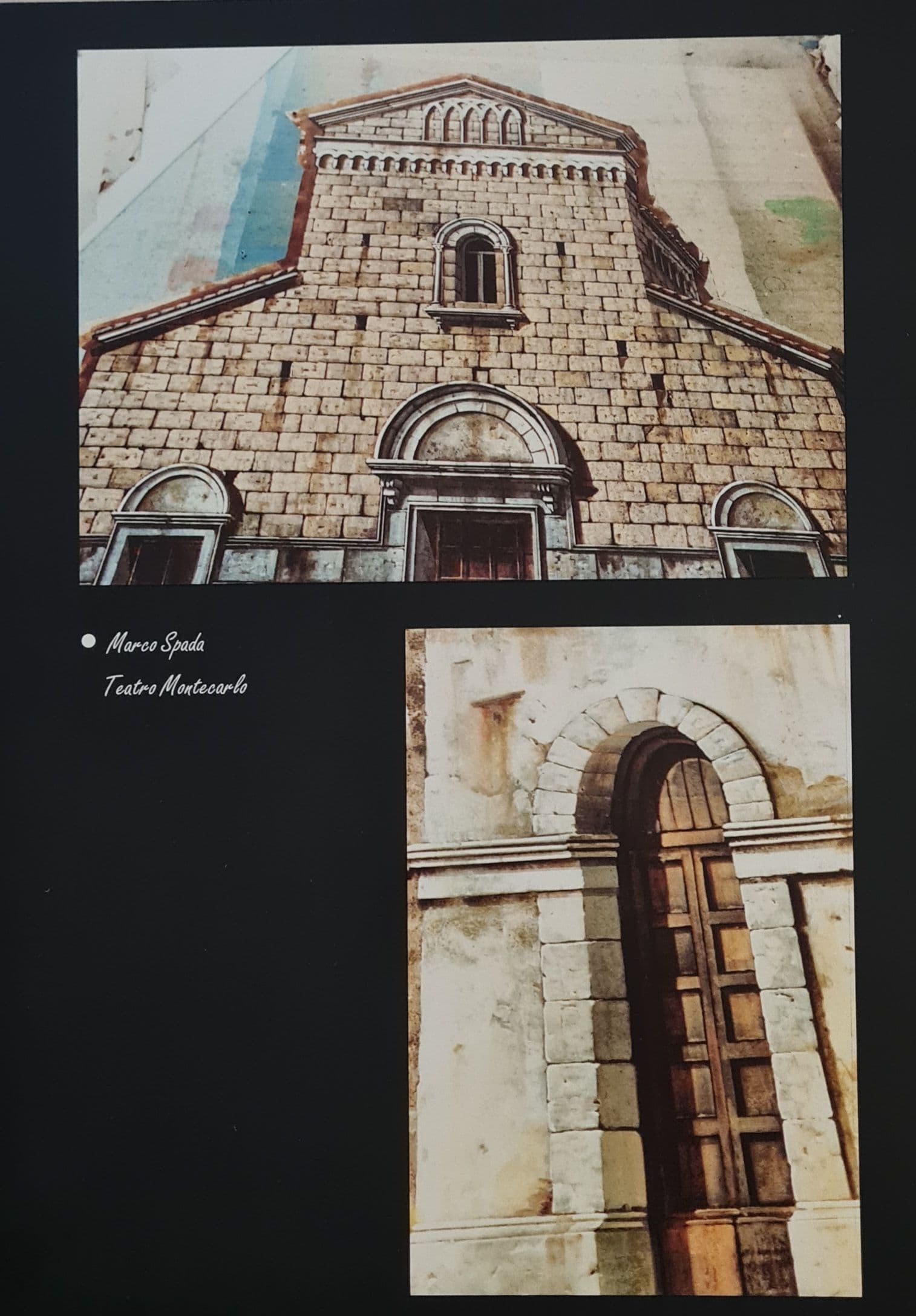Fondale per il Teatro di Montecarlo: facciata di chiesa romanica in pietra e dettaglio dell'ingresso con portone in legno in trompe-l'œil.