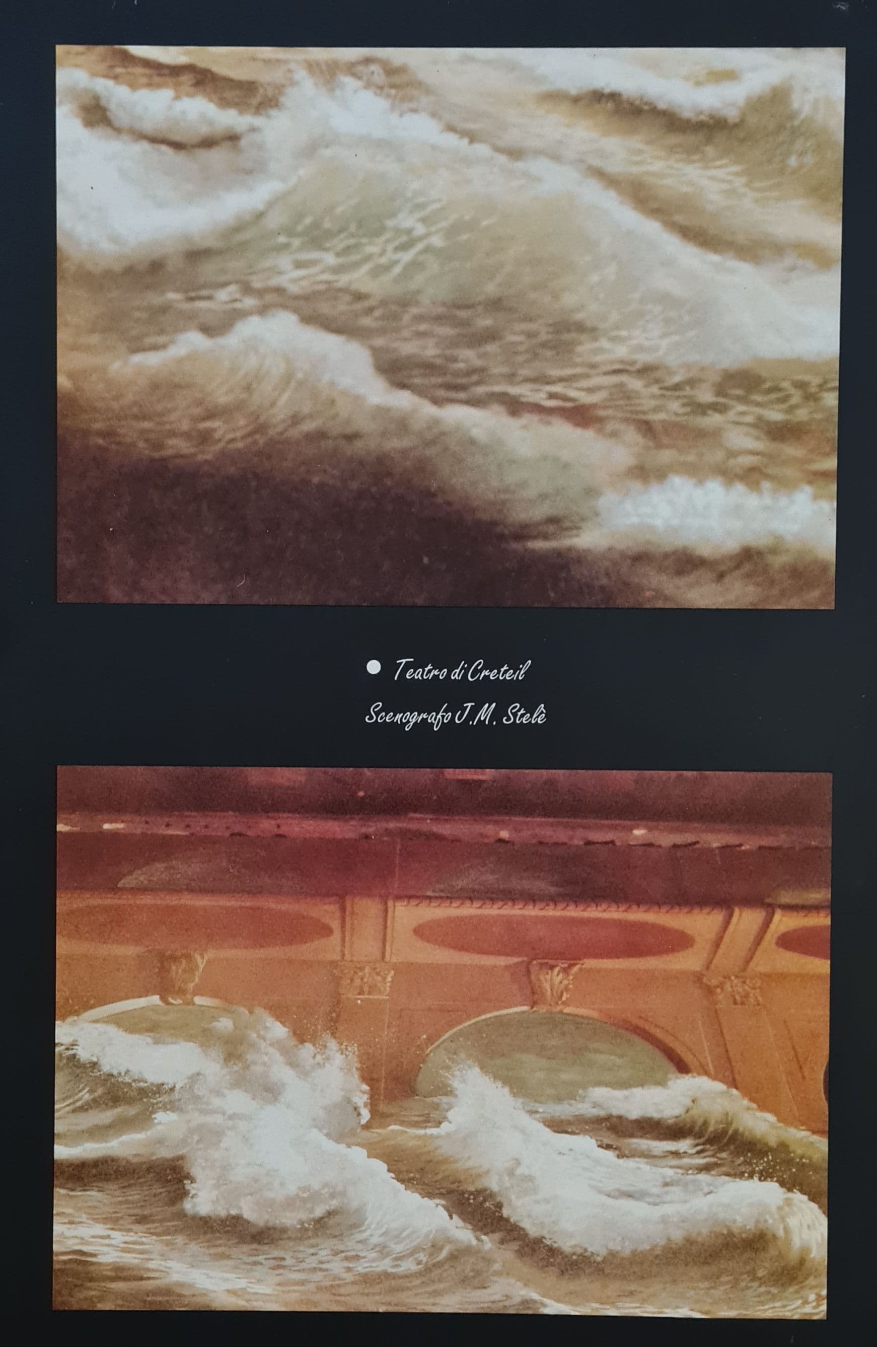 Dipinto scenografico per il Teatro di Créteil: onde del mare in tempesta che s'infrangono sotto archi antichi dipinti in trompe-l'œil.