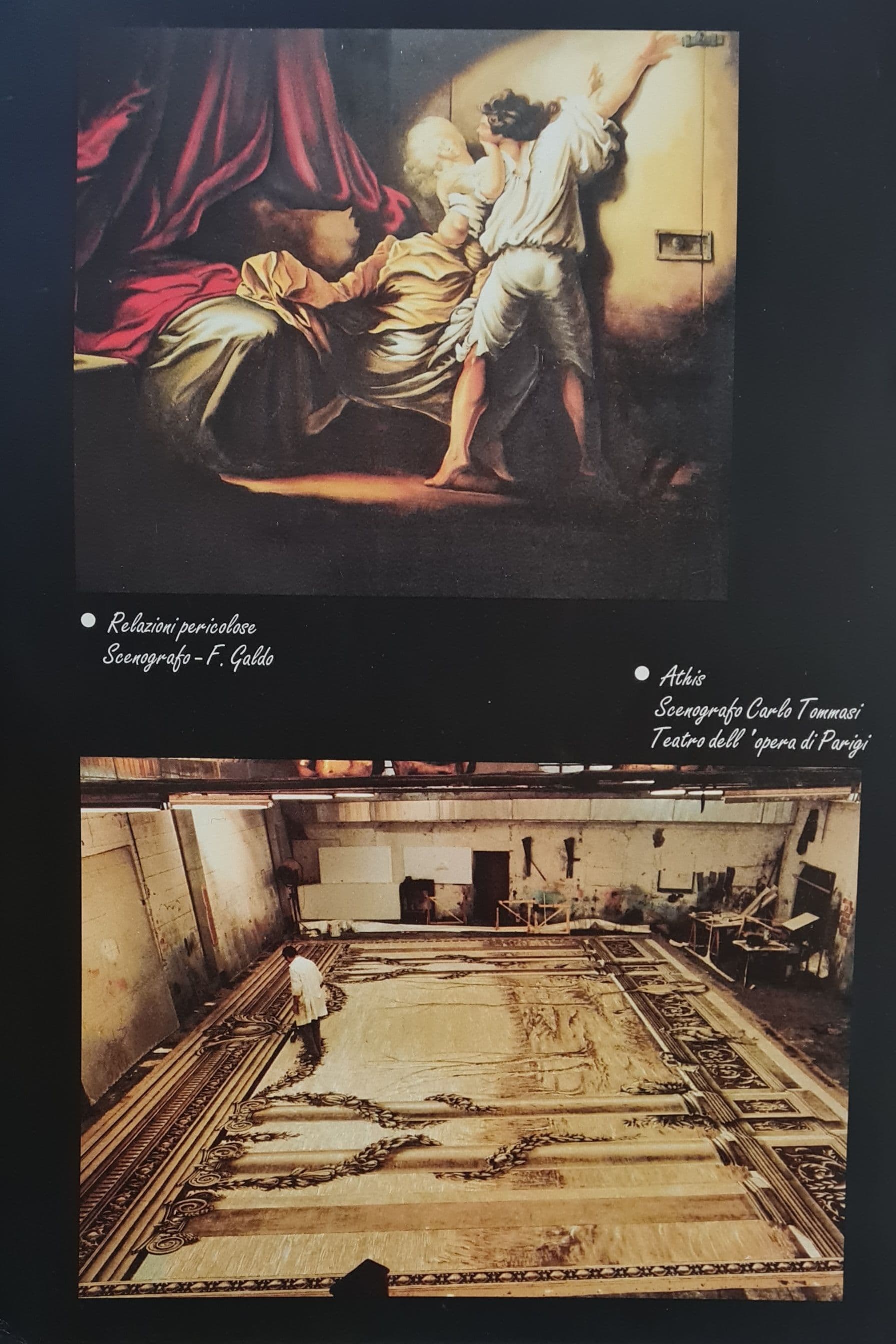 Scenografia con figure d'epoca e grande fondale dipinto a terra in atelier con decori e fregi d'architettura classica per l'Opera di Parigi.
