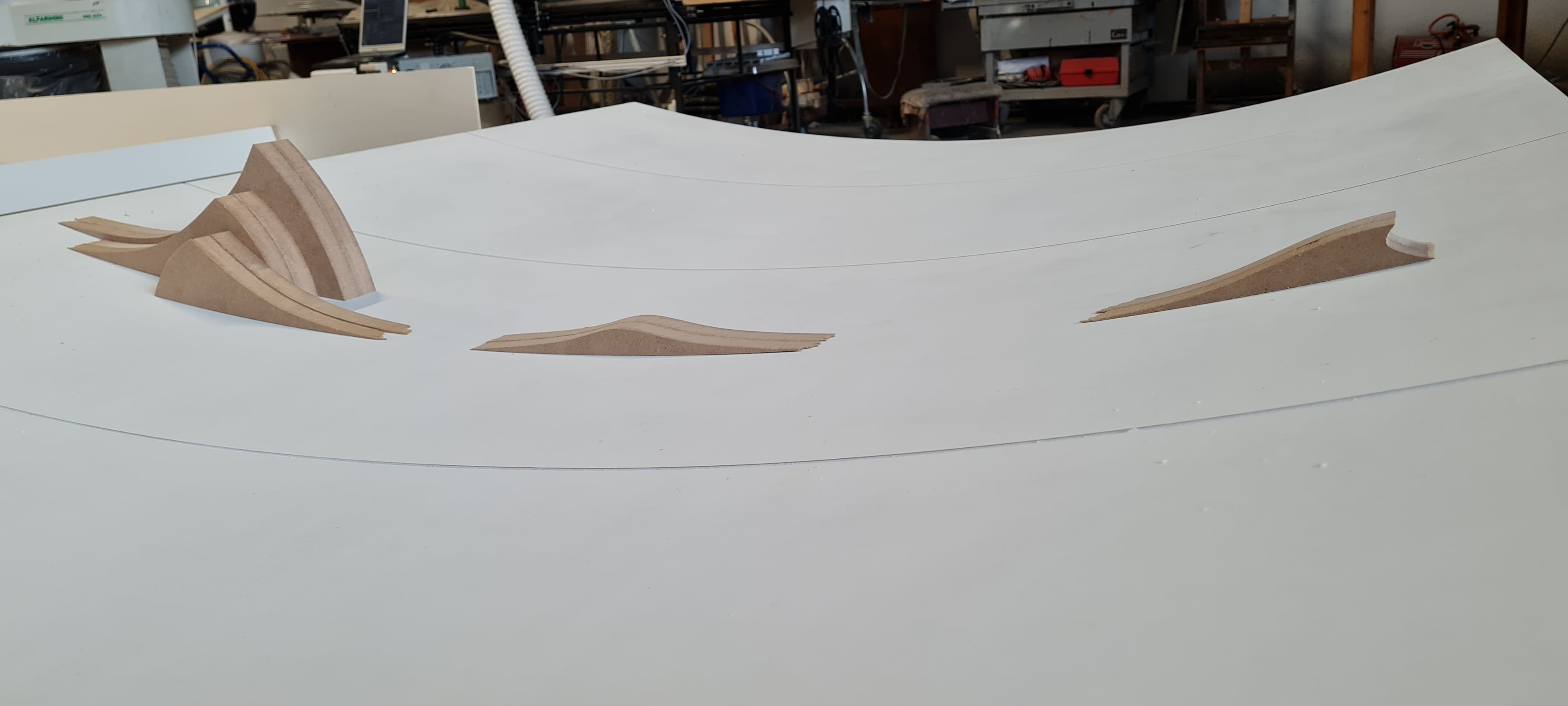 Vista prospettica laterale degli elementi scultorei applicati su un grande pannello curvo in laboratorio.